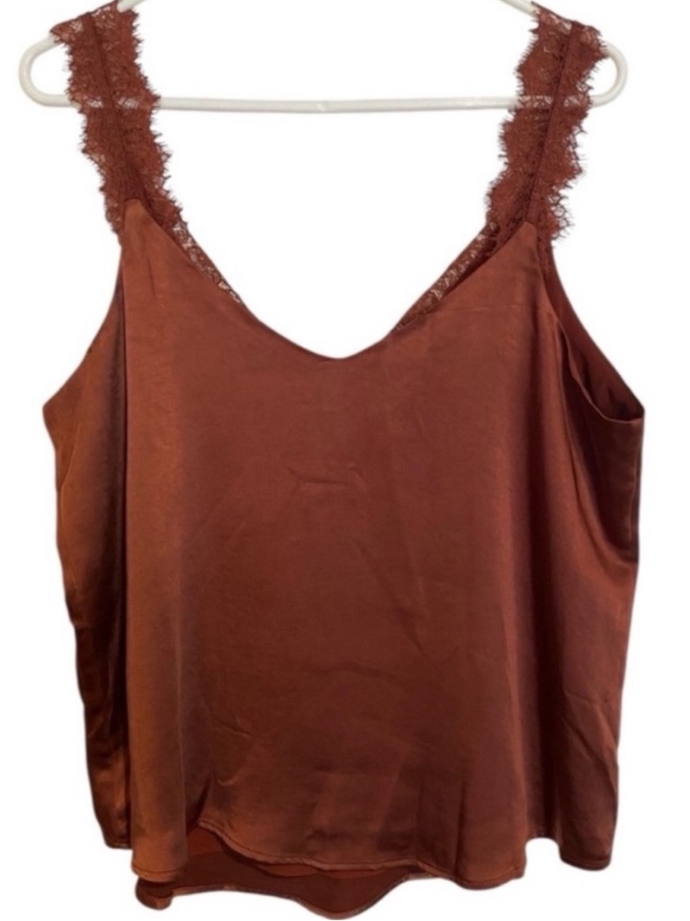 Skies Are Blue Copper Satin Top with Lace Detail Large